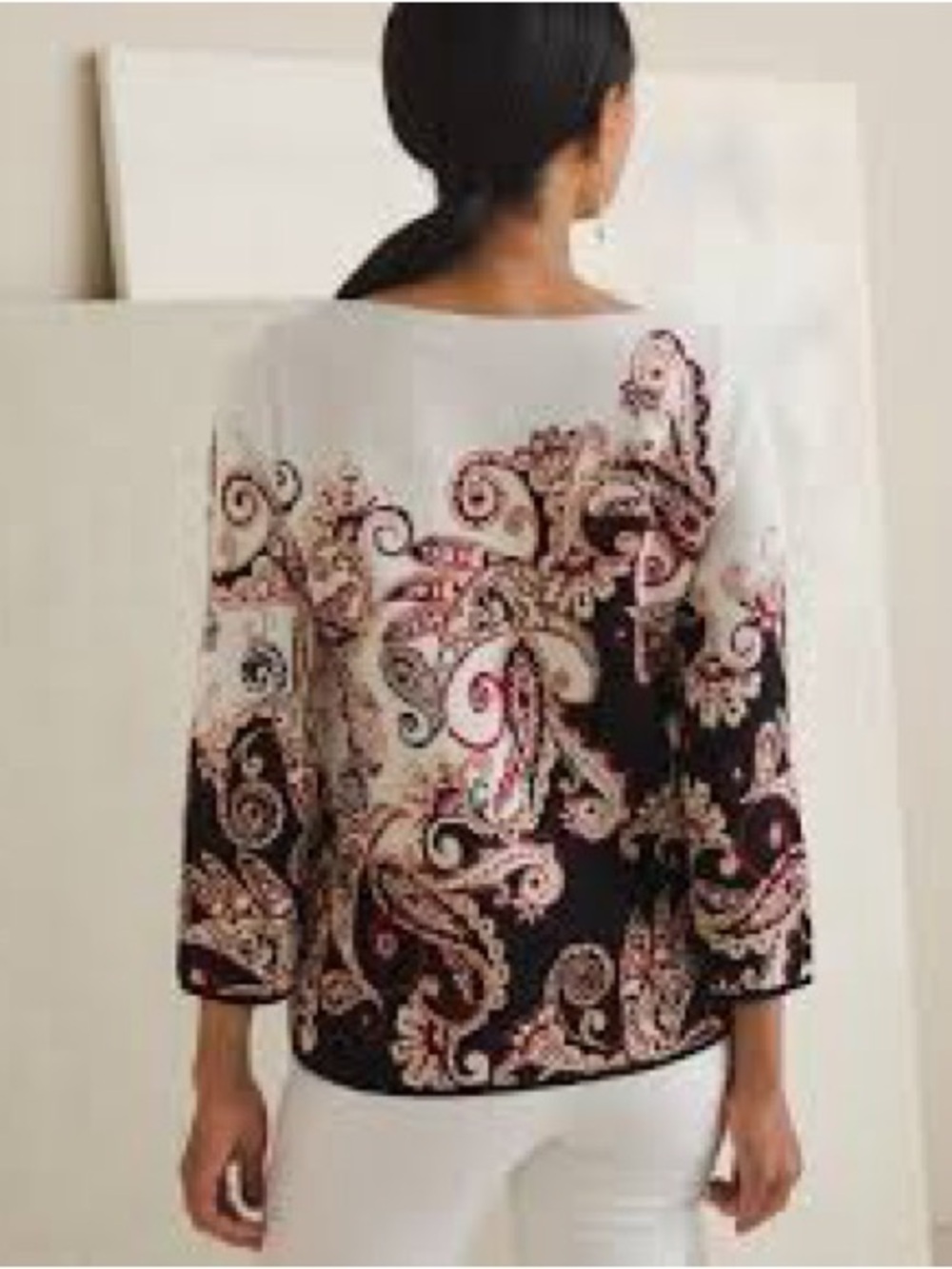 Chico’s Paisley Jacquard Knit Tunic Sweater Size 3 XL Cream Black Red